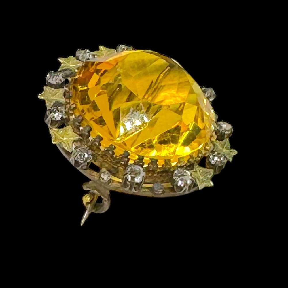 Antique Uranium Citrine Glass & Paste Rhinestone Brooch - Picture 4 of 14